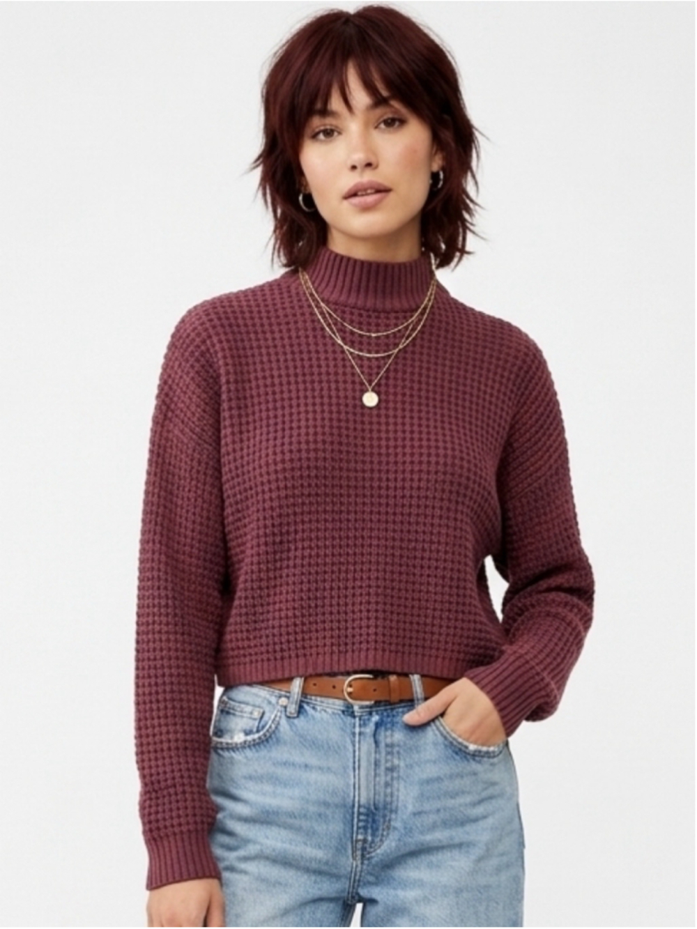 Women's Hollister Waffle Knit Mock Neck Cropped Knit Sweater Burgundy Small 853